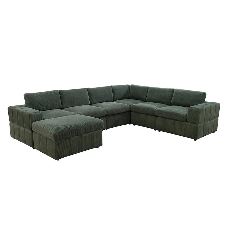Divano angolare componibile in velluto a coste beige/verde/grigio scuro con pouf, 7 posti