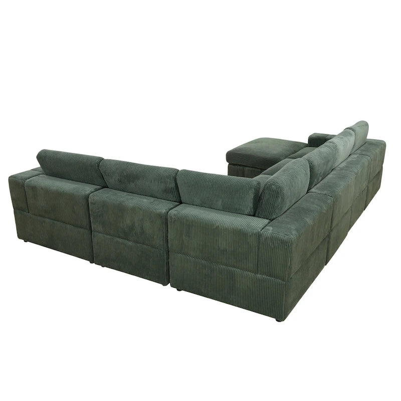Divano angolare componibile in velluto a coste beige/verde/grigio scuro con pouf, 7 posti