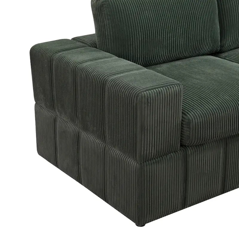 Divano angolare componibile in velluto a coste beige/verde/grigio scuro con pouf, 7 posti