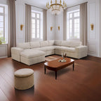 Divano angolare componibile in velluto a coste beige/verde/grigio scuro con pouf, 7 posti