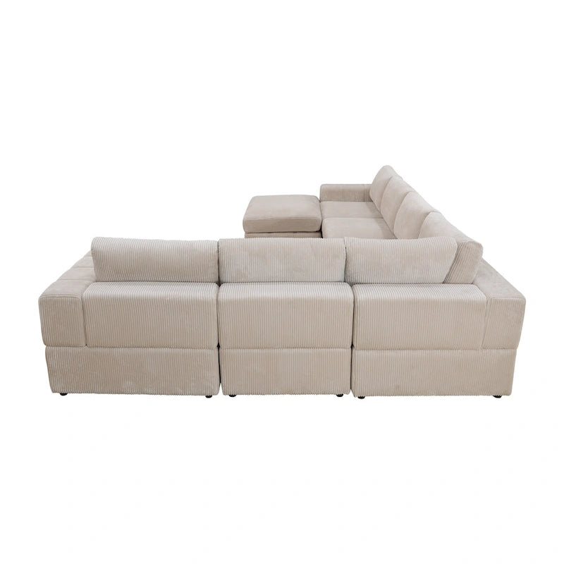 Divano angolare componibile in velluto a coste beige/verde/grigio scuro con pouf, 7 posti