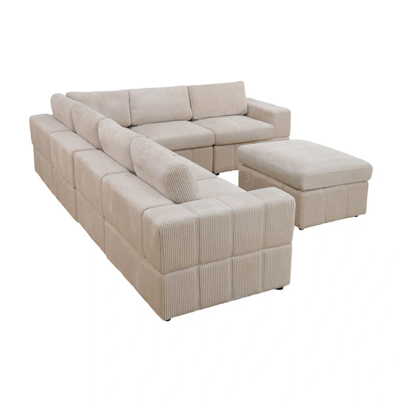 Divano angolare componibile in velluto a coste beige/verde/grigio scuro con pouf, 7 posti
