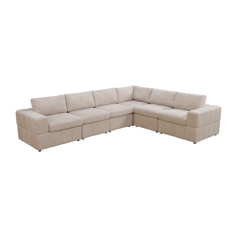 Divano angolare componibile in velluto a coste beige/verde/grigio scuro con pouf, 7 posti