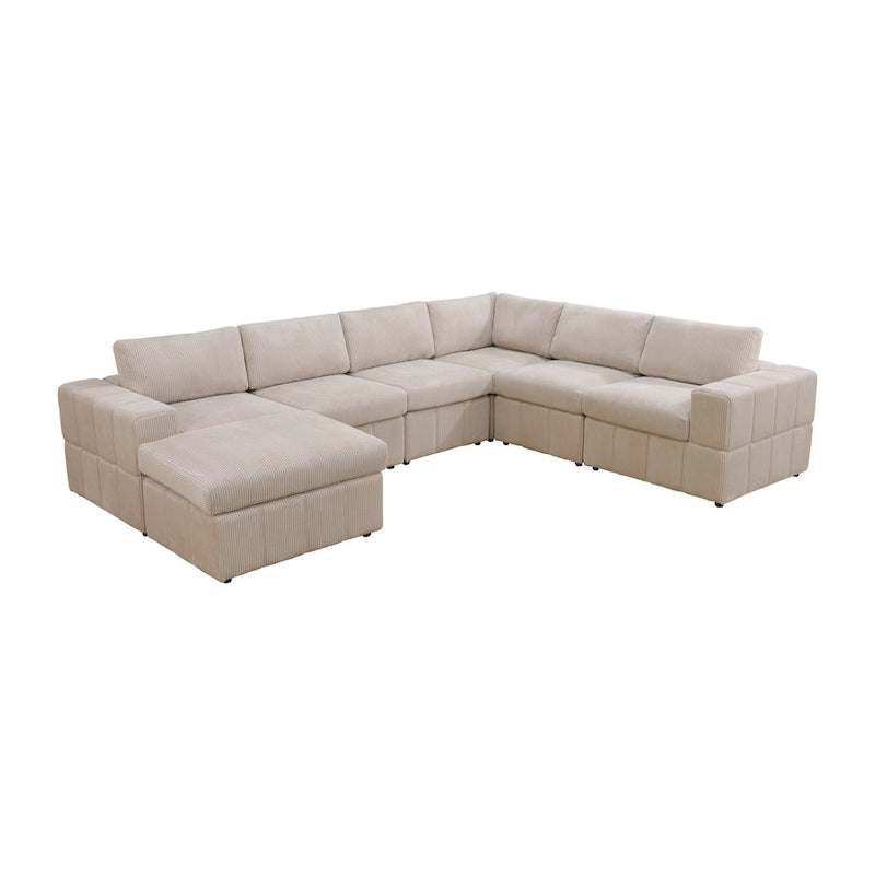 Divano angolare componibile in velluto a coste beige/verde/grigio scuro con pouf, 7 posti