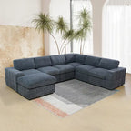 Divano angolare componibile in velluto a coste beige/verde/grigio scuro con pouf, 7 posti