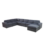 Divano angolare componibile in velluto a coste beige/verde/grigio scuro con pouf, 7 posti