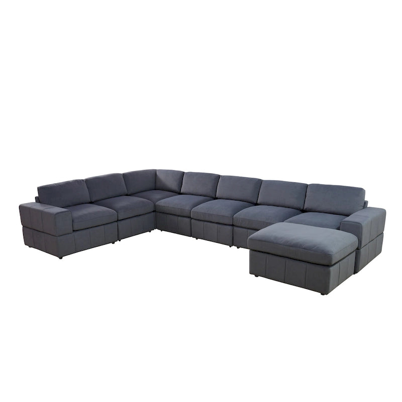 Divano angolare componibile in velluto a coste beige/verde/grigio scuro con pouf, 7 posti