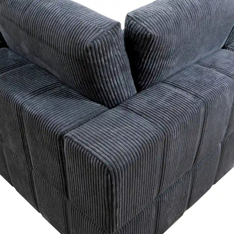 Divano angolare componibile in velluto a coste beige/verde/grigio scuro con pouf, 7 posti