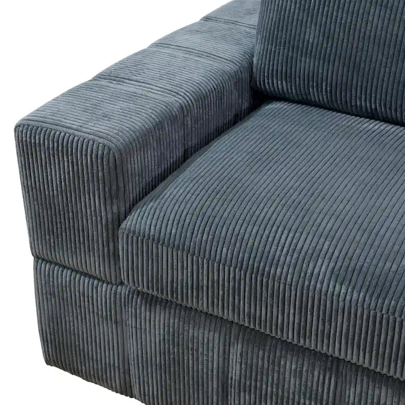 Divano angolare componibile in velluto a coste beige/verde/grigio scuro con pouf, 7 posti