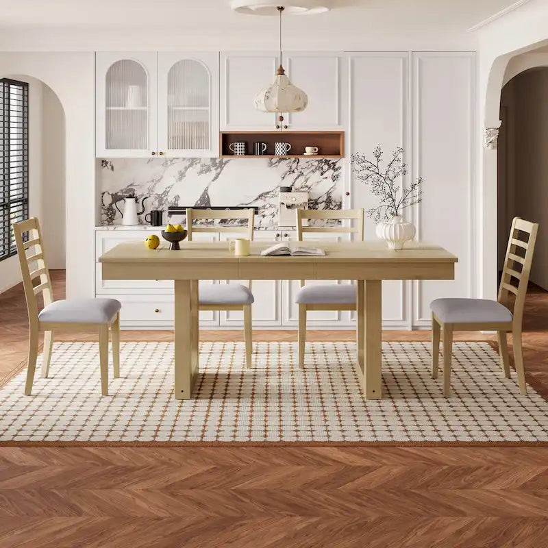 Set da pranzo allungabile in rovere naturale a 5 pezzi, stile rustico, per 4–6 persone