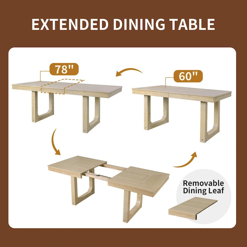 Set da pranzo allungabile in rovere naturale a 5 pezzi, stile rustico, per 4–6 persone