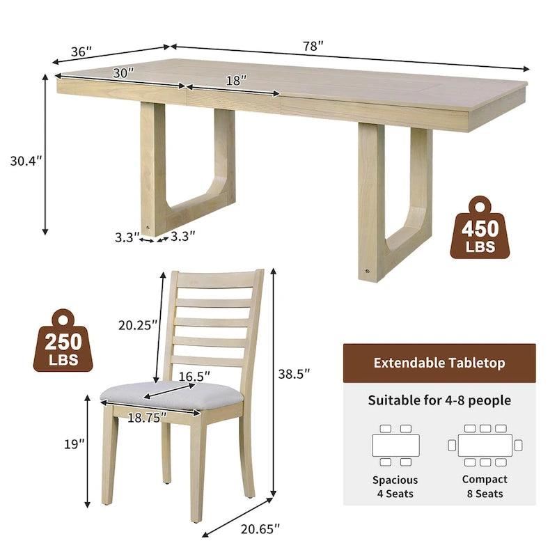 Set da pranzo allungabile in rovere naturale a 5 pezzi, stile rustico, per 4–6 persone