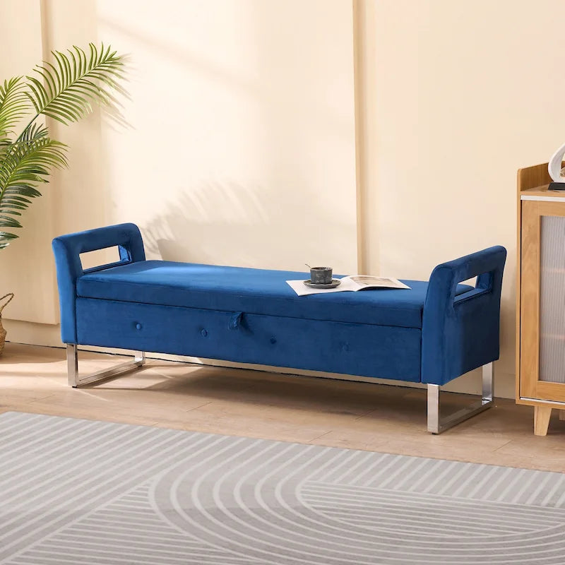 Panca contenitore in velluto navy/nero/verde/beige con braccioli – Seduta singola