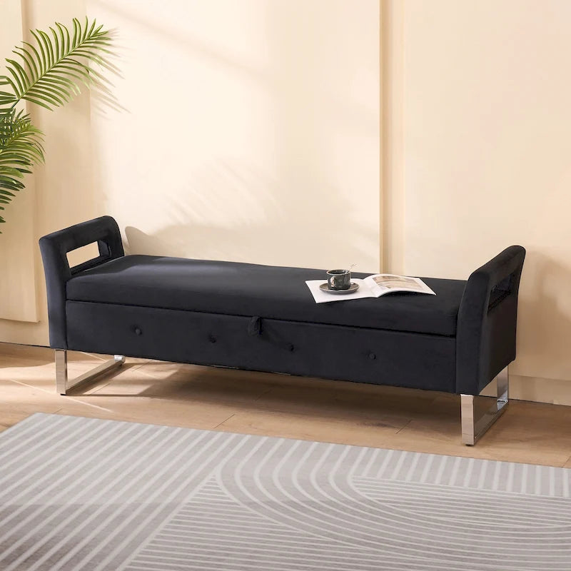 Panca contenitore in velluto navy/nero/verde/beige con braccioli – Seduta singola