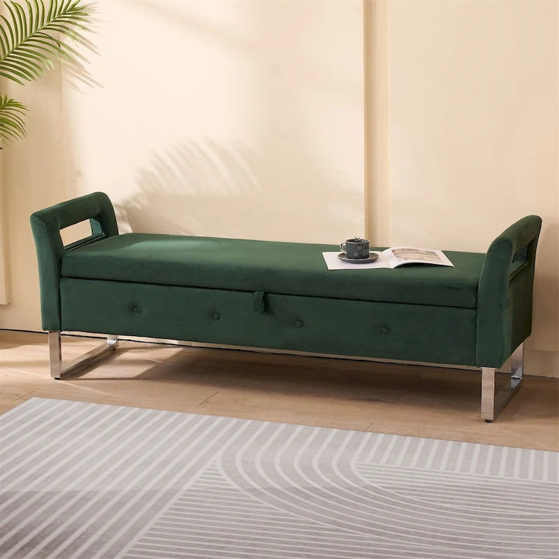 Panca contenitore in velluto navy/nero/verde/beige con braccioli – Seduta singola