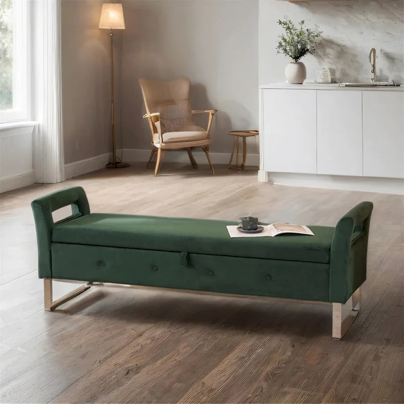 Panca contenitore in velluto navy/nero/verde/beige con braccioli – Seduta singola