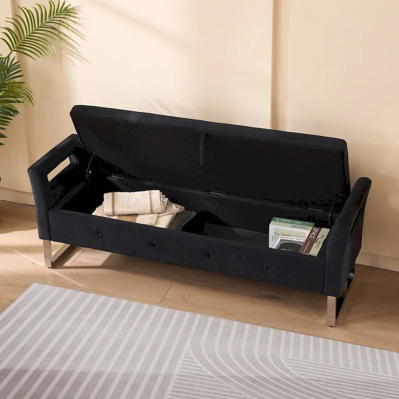 Panca contenitore in velluto navy/nero/verde/beige con braccioli – Seduta singola