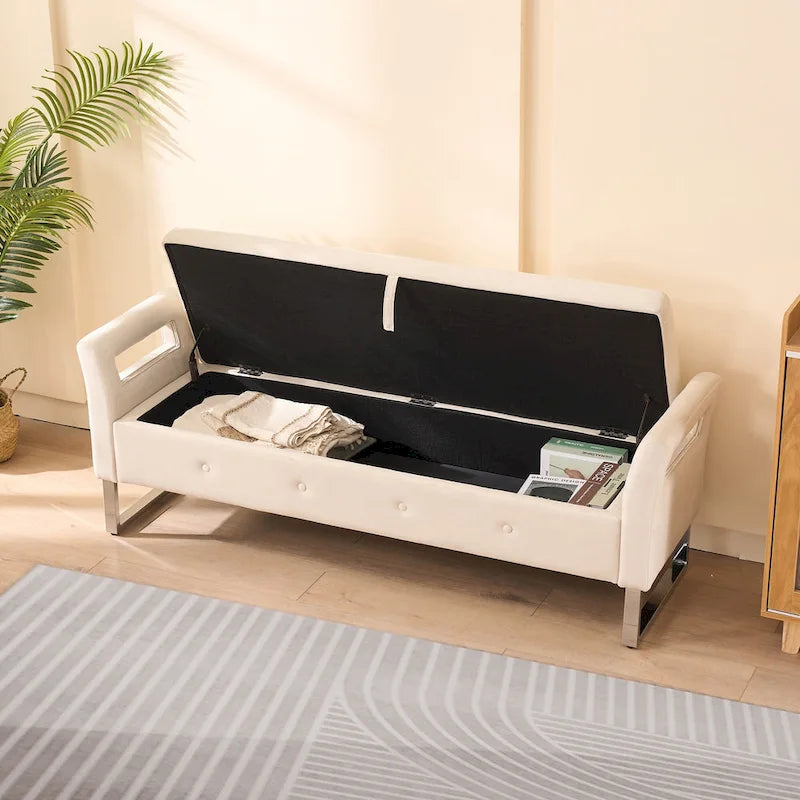 Panca contenitore in velluto navy/nero/verde/beige con braccioli – Seduta singola