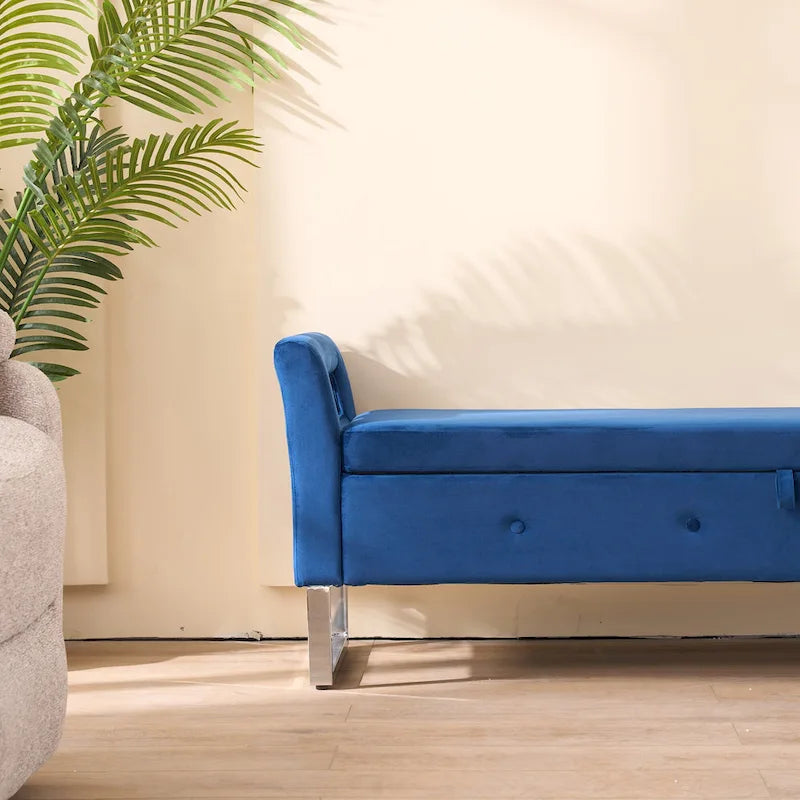 Panca contenitore in velluto navy/nero/verde/beige con braccioli – Seduta singola