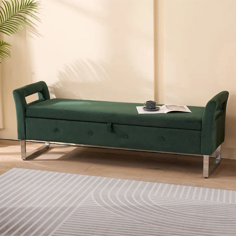 Panca contenitore in velluto navy/nero/verde/beige con braccioli – Seduta singola