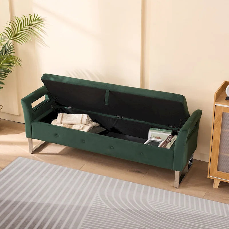 Panca contenitore in velluto navy/nero/verde/beige con braccioli – Seduta singola