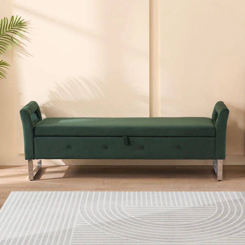 Panca contenitore in velluto navy/nero/verde/beige con braccioli – Seduta singola