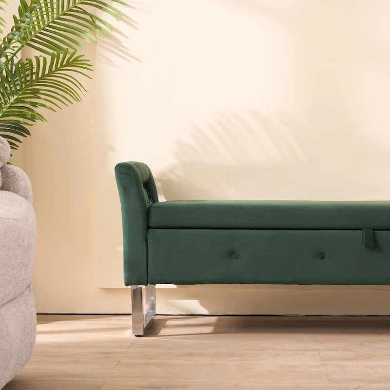 Panca contenitore in velluto navy/nero/verde/beige con braccioli – Seduta singola