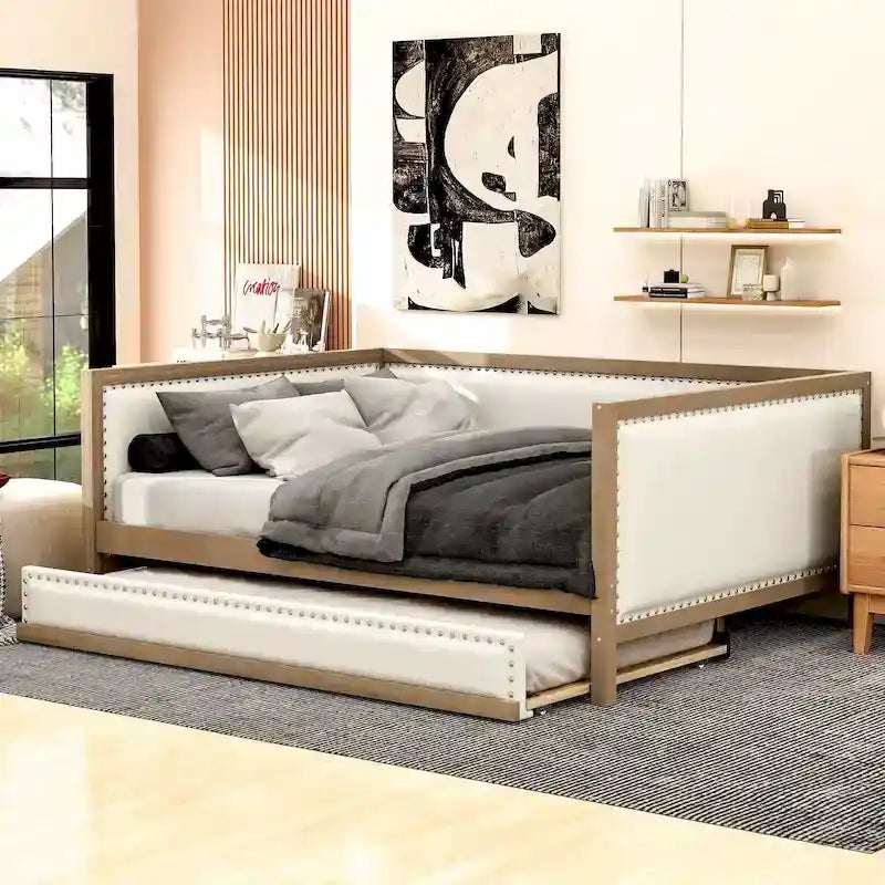 Divano Letto in Lino Beige con Letto Estraibile Singolo, Struttura in Legno, per 1-2 Persone