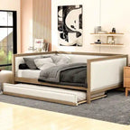Divano Letto in Lino Beige con Letto Estraibile Singolo, Struttura in Legno, per 1-2 Persone
