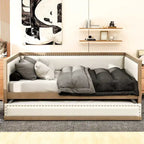 Divano Letto in Lino Beige con Letto Estraibile Singolo, Struttura in Legno, per 1-2 Persone