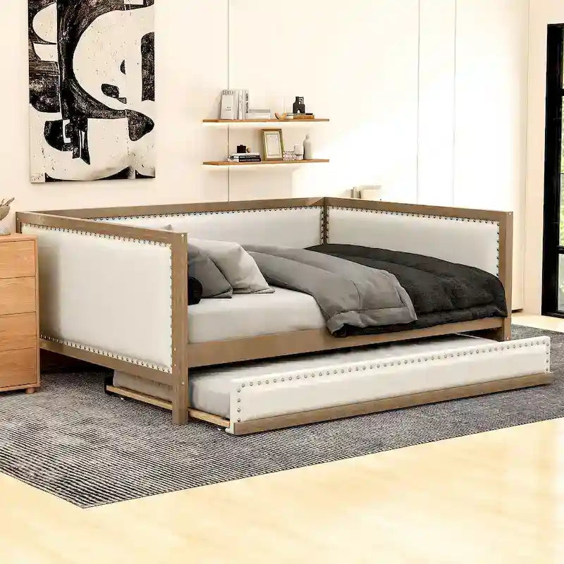 Divano Letto in Lino Beige con Letto Estraibile Singolo, Struttura in Legno, per 1-2 Persone