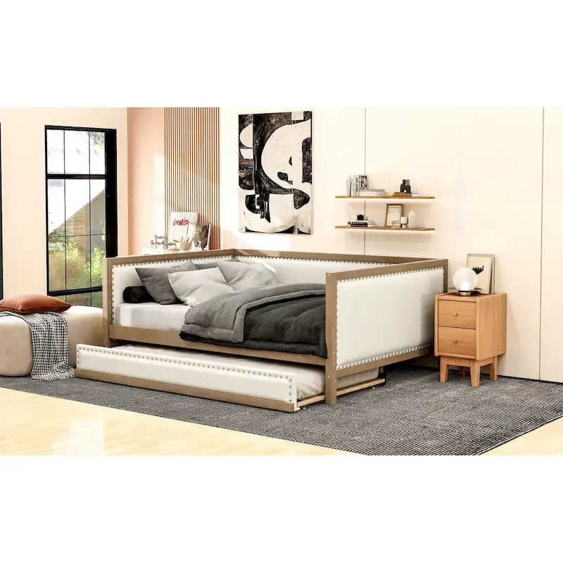 Divano Letto in Lino Beige con Letto Estraibile Singolo, Struttura in Legno, per 1-2 Persone