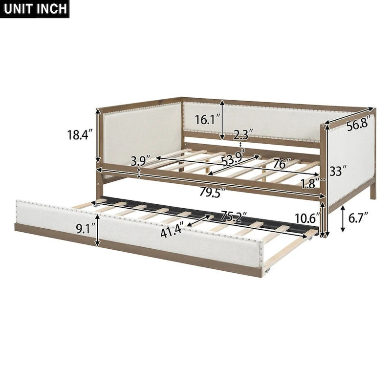 Divano Letto in Lino Beige con Letto Estraibile Singolo, Struttura in Legno, per 1-2 Persone
