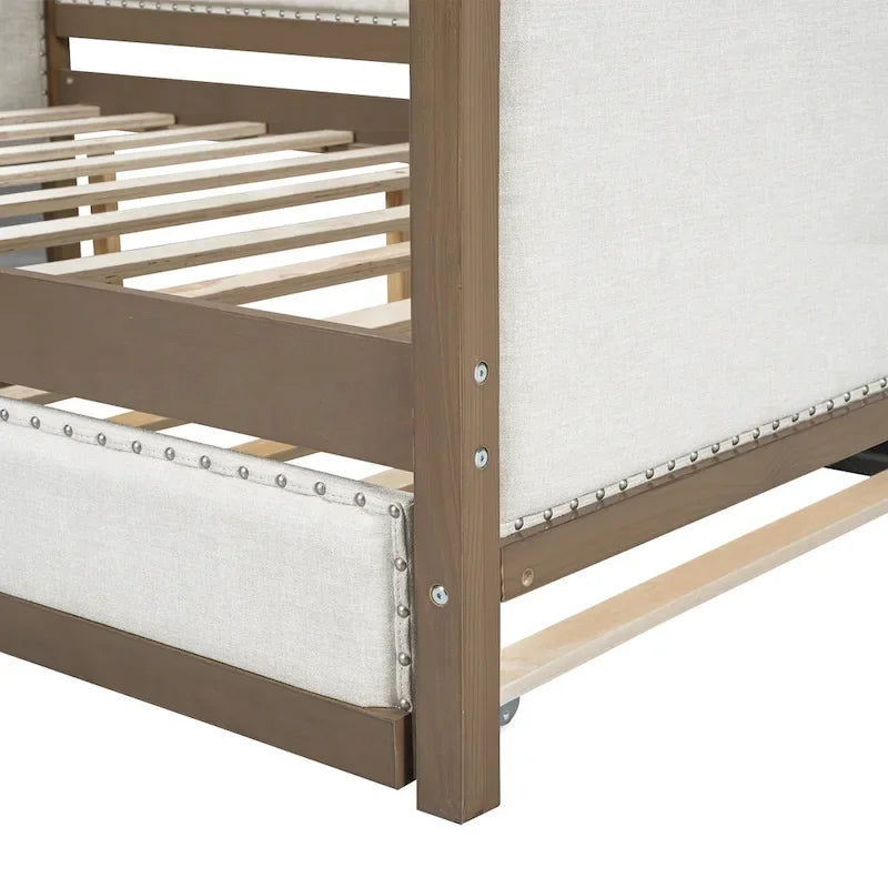 Divano Letto in Lino Beige con Letto Estraibile Singolo, Struttura in Legno, per 1-2 Persone