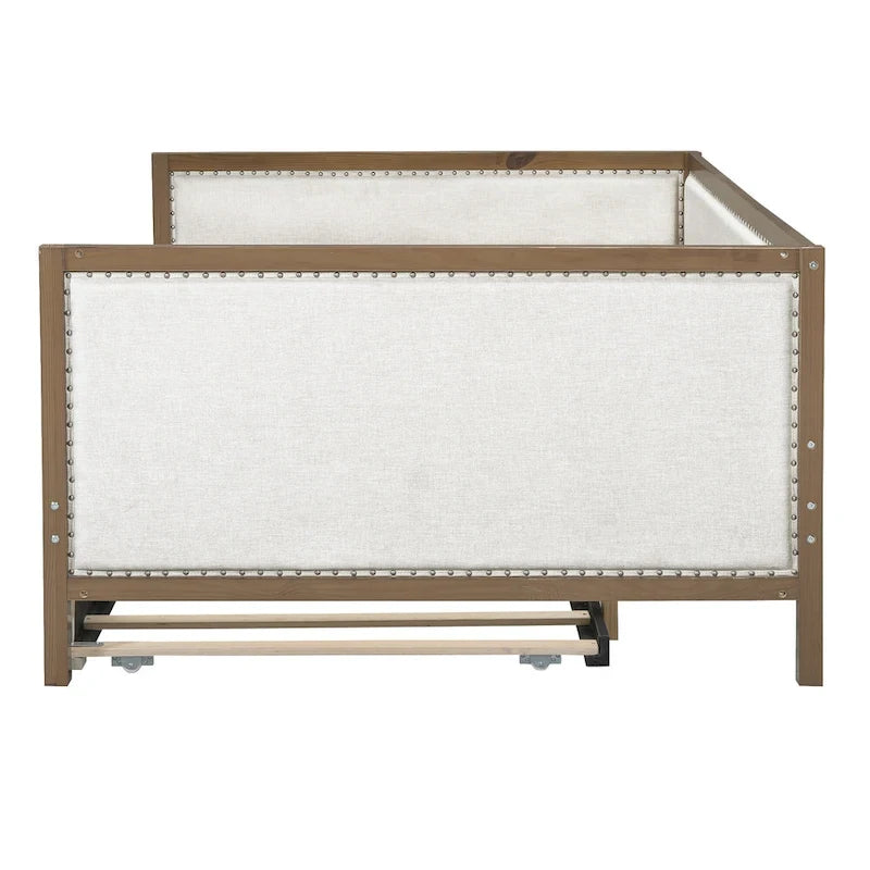 Divano Letto in Lino Beige con Letto Estraibile Singolo, Struttura in Legno, per 1-2 Persone