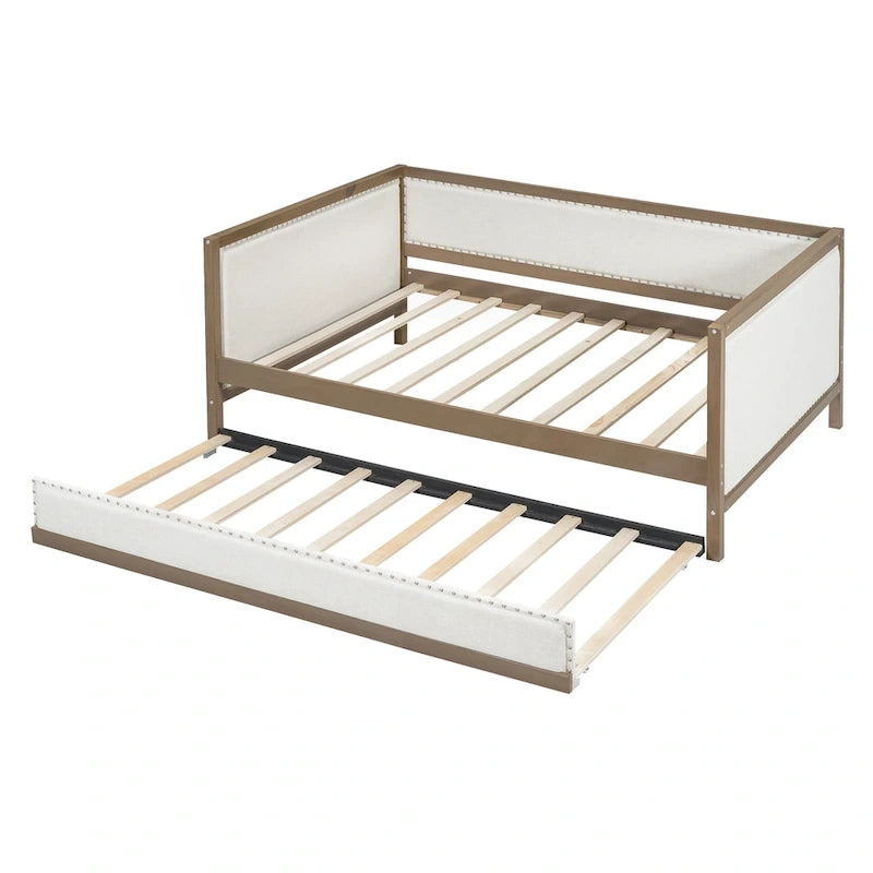 Divano Letto in Lino Beige con Letto Estraibile Singolo, Struttura in Legno, per 1-2 Persone