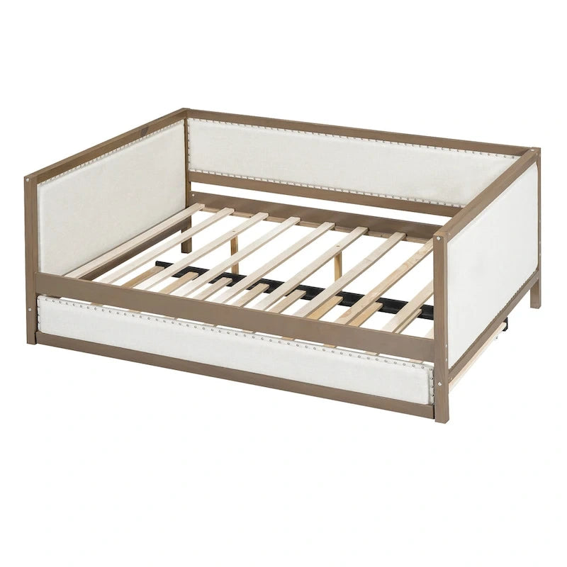 Divano Letto in Lino Beige con Letto Estraibile Singolo, Struttura in Legno, per 1-2 Persone
