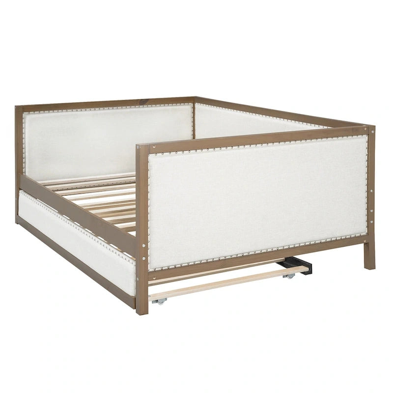 Divano Letto in Lino Beige con Letto Estraibile Singolo, Struttura in Legno, per 1-2 Persone