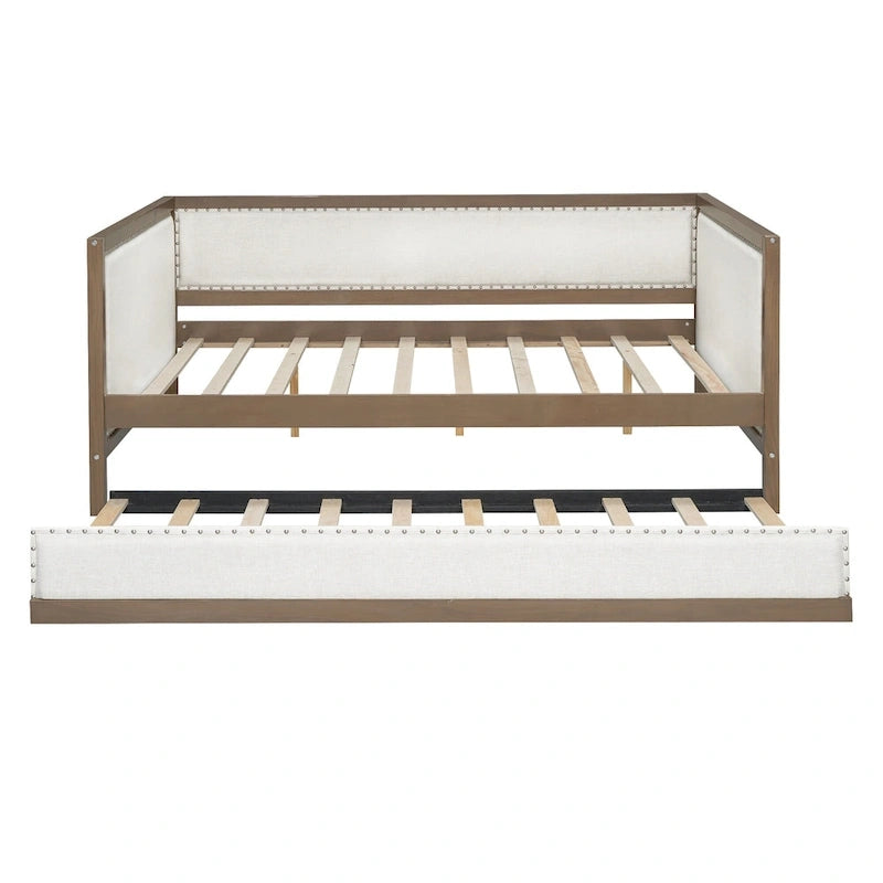 Divano Letto in Lino Beige con Letto Estraibile Singolo, Struttura in Legno, per 1-2 Persone