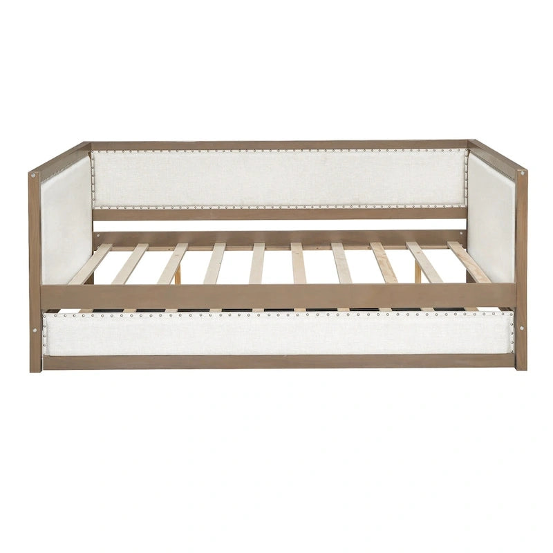 Divano Letto in Lino Beige con Letto Estraibile Singolo, Struttura in Legno, per 1-2 Persone