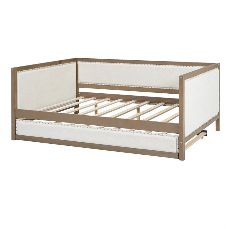 Divano Letto in Lino Beige con Letto Estraibile Singolo, Struttura in Legno, per 1-2 Persone