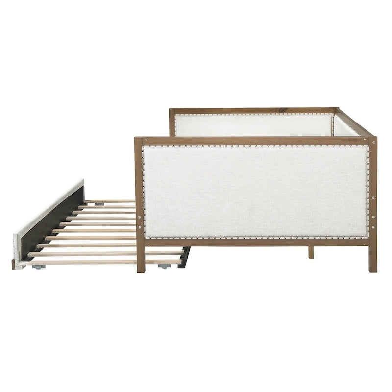 Divano Letto in Lino Beige con Letto Estraibile Singolo, Struttura in Legno, per 1-2 Persone