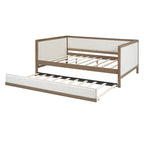 Divano Letto in Lino Beige con Letto Estraibile Singolo, Struttura in Legno, per 1-2 Persone