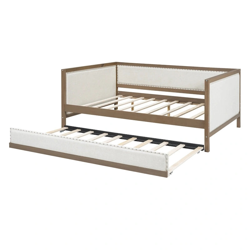 Divano Letto in Lino Beige con Letto Estraibile Singolo, Struttura in Legno, per 1-2 Persone