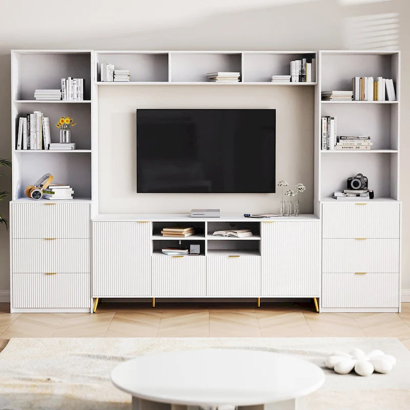 Mobile Parete Intrattenimento 4 Pezzi Bianco Scanalato, 8 Cassetti e 2 Armadietti, 13 Ripiani, Adatto per TV fino a 70", Montaggio per 2-3 Persone