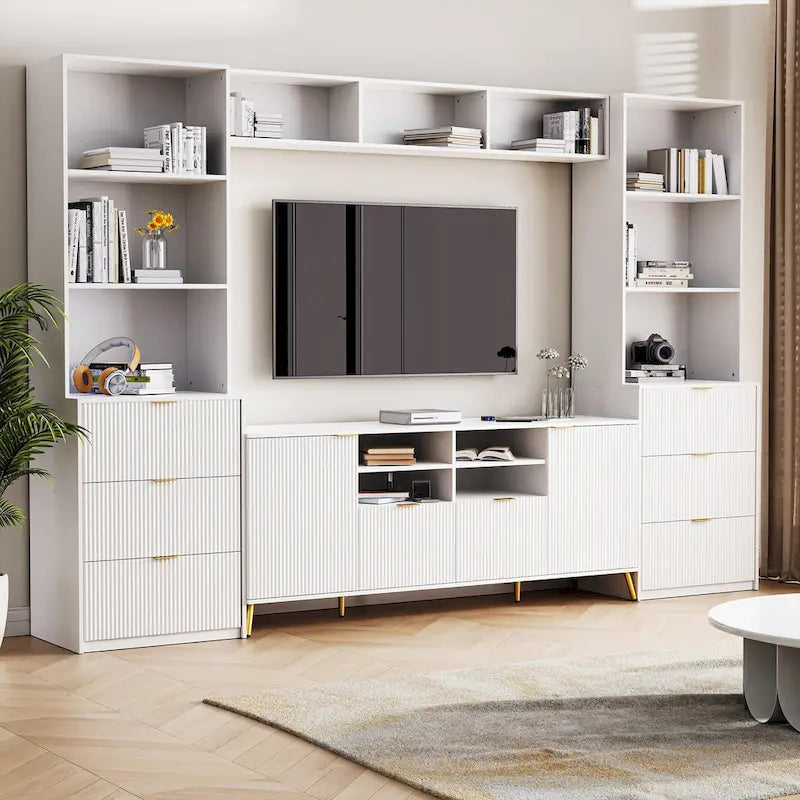 Mobile Parete Intrattenimento 4 Pezzi Bianco Scanalato, 8 Cassetti e 2 Armadietti, 13 Ripiani, Adatto per TV fino a 70", Montaggio per 2-3 Persone