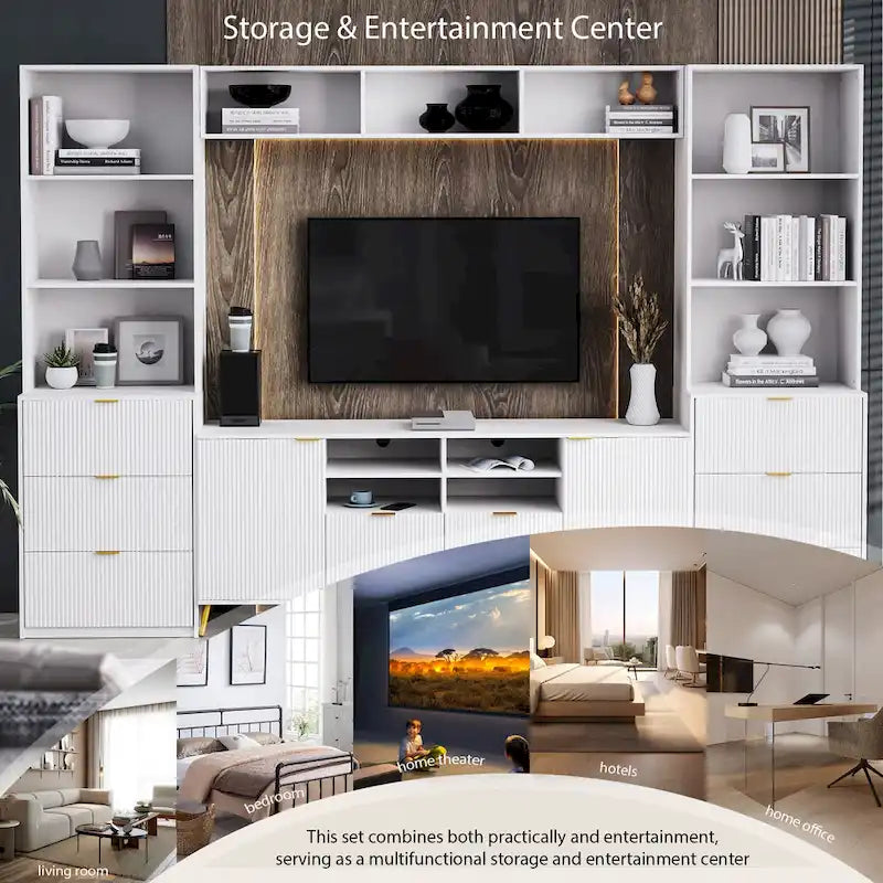 Mobile Parete Intrattenimento 4 Pezzi Bianco Scanalato, 8 Cassetti e 2 Armadietti, 13 Ripiani, Adatto per TV fino a 70", Montaggio per 2-3 Persone