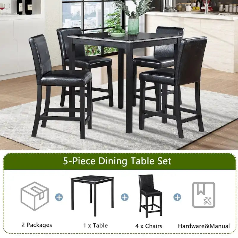 Set da pranzo altezza bancone, nero/beige, quadrato, 5 pezzi (4 posti)