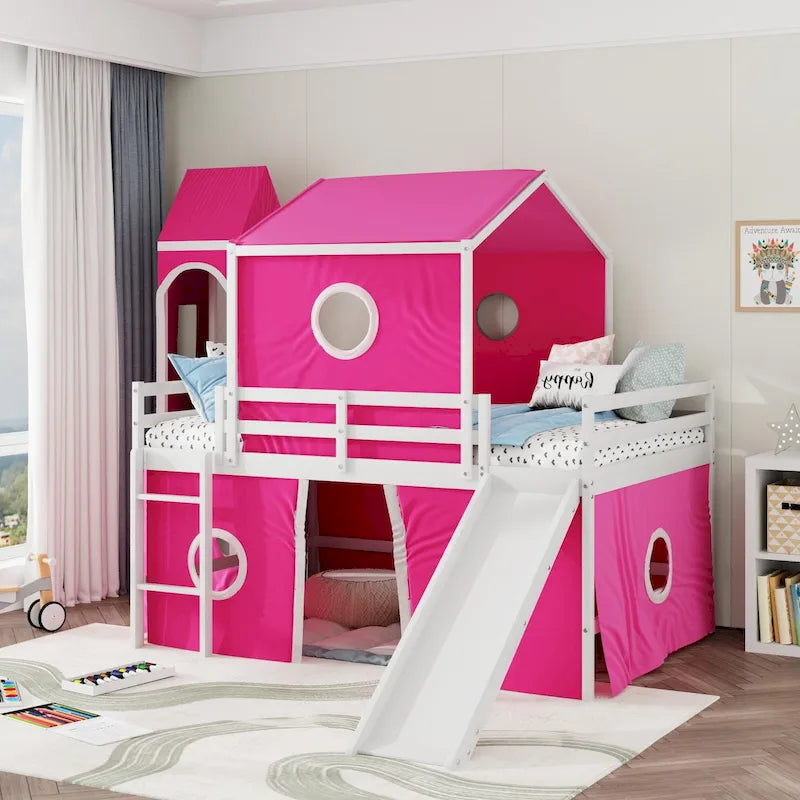 Castello soppalco blu/rosa con scivolo, torretta e scaletta – singolo/una piazza e mezza, 1 bambino