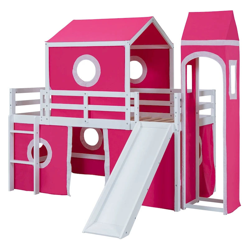 Solid Wood Loft House Bed with Slide Tent, Tower, Ladder, and Fence Baffle for Bedroom